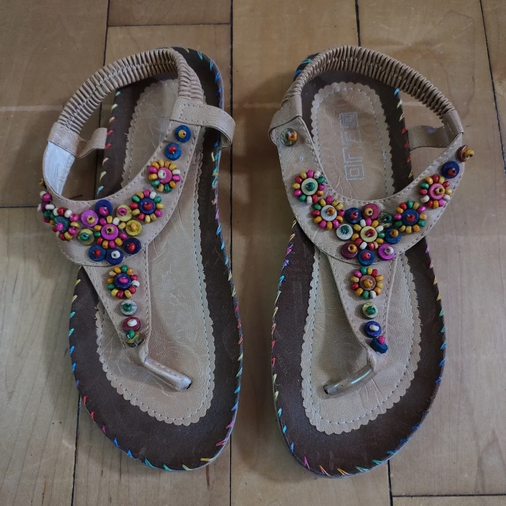 Women's Tan Wooden Beaded Thong Sandals